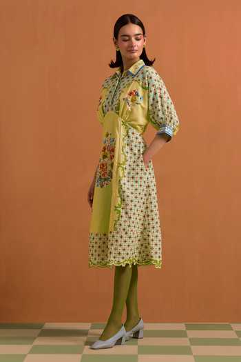 POZRUH_Yellow Tencel, Hemp Collared Neck Verdant Printed And Embroidered Kimono Dress _Online_at_Aza_Fashions