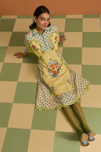 Buy_POZRUH_Yellow Tencel, Hemp Collared Neck Verdant Printed And Embroidered Kimono Dress _Online_at_Aza_Fashions