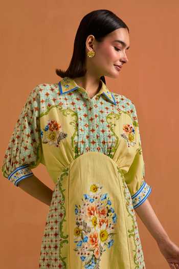 Shop_POZRUH_Yellow Tencel, Hemp Collared Neck Verdant Printed And Embroidered Kimono Dress _Online_at_Aza_Fashions