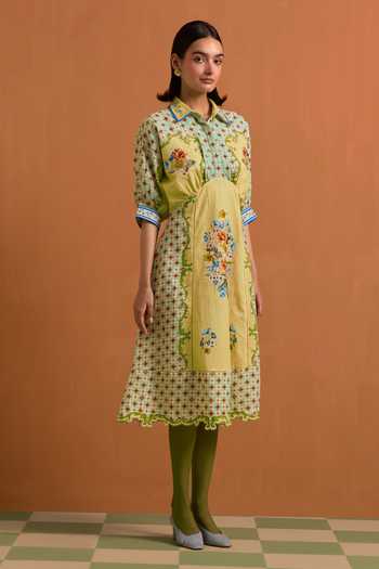 POZRUH_Yellow Tencel, Hemp Collared Neck Verdant Printed And Embroidered Kimono Dress _at_Aza_Fashions
