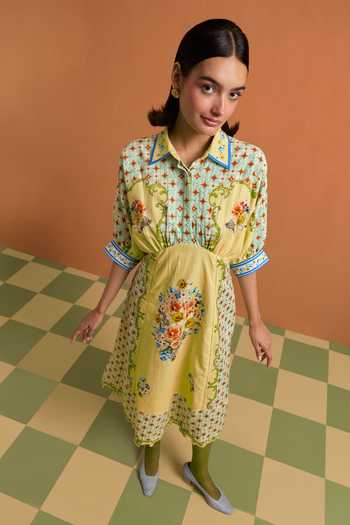 Buy_POZRUH_Yellow Tencel, Hemp Collared Neck Verdant Printed And Embroidered Kimono Dress 