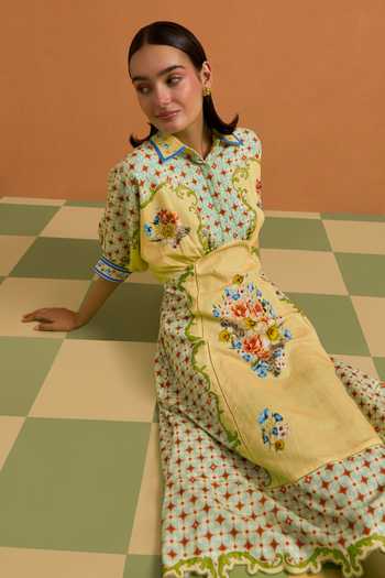 Shop_POZRUH_Yellow Tencel, Hemp Collared Neck Verdant Printed And Embroidered Kimono Dress 