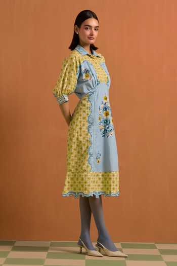 POZRUH_Sky Blue Tencel, Hemp Collared Neck Verdant Placed Print Kimono Dress _Online_at_Aza_Fashions