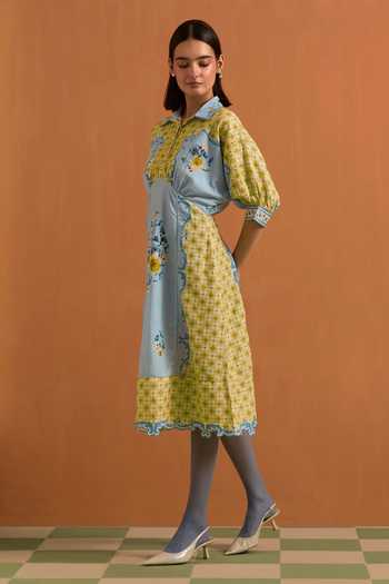 Buy_POZRUH_Sky Blue Tencel, Hemp Collared Neck Verdant Placed Print Kimono Dress _Online_at_Aza_Fashions