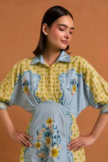 Shop_POZRUH_Sky Blue Tencel, Hemp Collared Neck Verdant Placed Print Kimono Dress _Online_at_Aza_Fashions