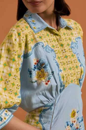 POZRUH_Sky Blue Tencel, Hemp Collared Neck Verdant Placed Print Kimono Dress _at_Aza_Fashions