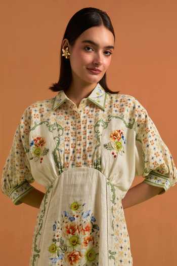 POZRUH Ivory Tencel, Hemp Collared Neck Verdant Printed Kimono Dress Online at Aza Fashions POZRUH_Ivory Tencel, Hemp Collared Neck Verdant Printed Kimono Dress _Online_at_Aza_Fashions