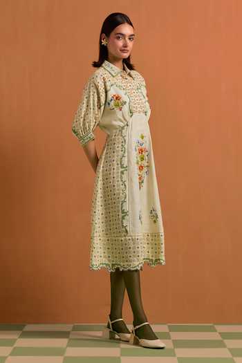 Buy POZRUH Ivory Tencel, Hemp Collared Neck Verdant Printed Kimono Dress Online at Aza Fashions Buy_POZRUH_Ivory Tencel, Hemp Collared Neck Verdant Printed Kimono Dress _Online_at_Aza_Fashions
