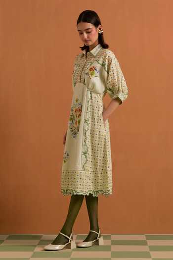 Shop POZRUH Ivory Tencel, Hemp Collared Neck Verdant Printed Kimono Dress Online at Aza Fashions Shop_POZRUH_Ivory Tencel, Hemp Collared Neck Verdant Printed Kimono Dress _Online_at_Aza_Fashions
