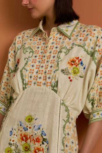 POZRUH Ivory Tencel, Hemp Collared Neck Verdant Printed Kimono Dress at Aza Fashions POZRUH_Ivory Tencel, Hemp Collared Neck Verdant Printed Kimono Dress _at_Aza_Fashions