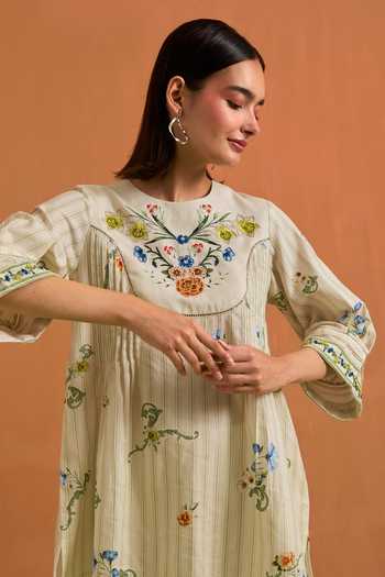 POZRUH_Ivory Tencel, Hemp Round Neck Verdant Embroidered Top And Trouser Set _Online_at_Aza_Fashions