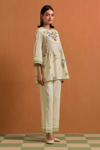 Buy_POZRUH_Ivory Tencel, Hemp Round Neck Verdant Embroidered Top And Trouser Set _Online_at_Aza_Fashions