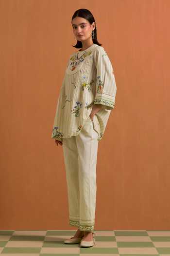 Shop_POZRUH_Ivory Tencel, Hemp Round Neck Verdant Embroidered Top And Trouser Set _Online_at_Aza_Fashions