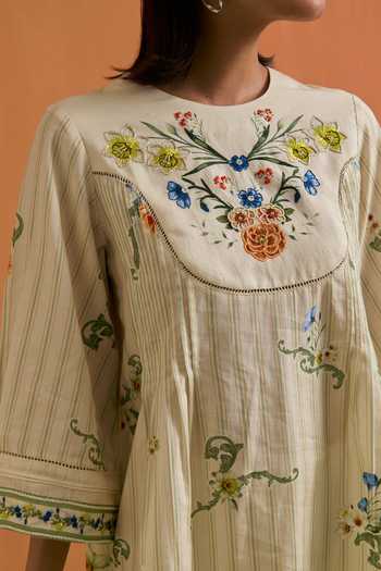 POZRUH_Ivory Tencel, Hemp Round Neck Verdant Embroidered Top And Trouser Set _at_Aza_Fashions
