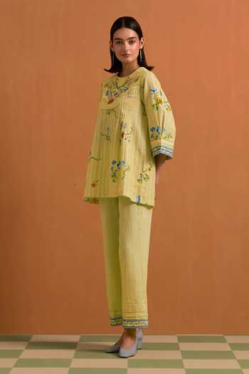 POZRUH_Yellow Tencel, Hemp Round Neck Verdant Floral Embroidered Top And Trouser Set _Online_at_Aza_Fashions