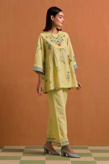 Buy_POZRUH_Yellow Tencel, Hemp Round Neck Verdant Floral Embroidered Top And Trouser Set _Online_at_Aza_Fashions