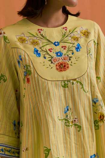 Shop_POZRUH_Yellow Tencel, Hemp Round Neck Verdant Floral Embroidered Top And Trouser Set _Online_at_Aza_Fashions