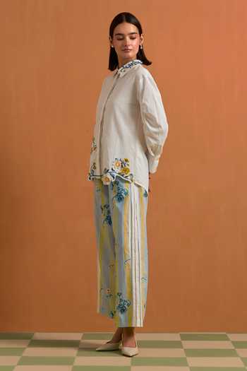 POZRUH_White Tencel, Hemp Mandarin Aurelia Floral Embroidered Shirt And Trouser Set _Online_at_Aza_Fashions