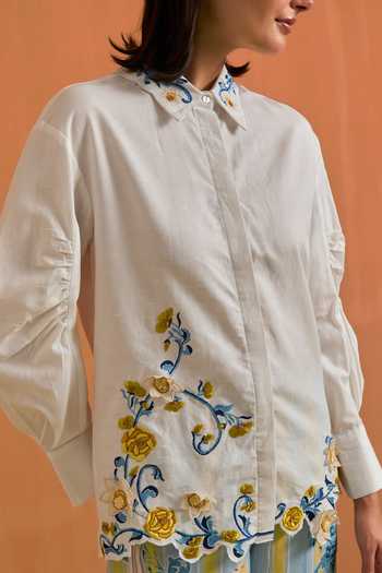 Buy_POZRUH_White Tencel, Hemp Mandarin Aurelia Floral Embroidered Shirt And Trouser Set _Online_at_Aza_Fashions