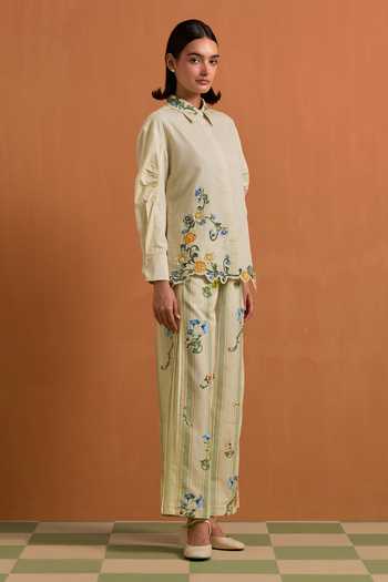 POZRUH_Ivory Tencel, Hemp Collared Neck Aurelia Floral Embroidered Shirt With Trouser _Online_at_Aza_Fashions