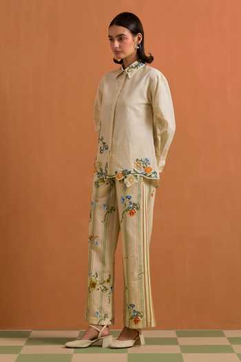 Buy_POZRUH_Ivory Tencel, Hemp Collared Neck Aurelia Floral Embroidered Shirt With Trouser _Online_at_Aza_Fashions