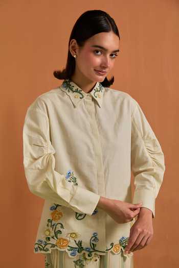 POZRUH_Ivory Tencel, Hemp Collared Neck Aurelia Floral Embroidered Shirt With Trouser _at_Aza_Fashions