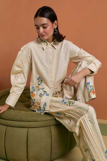 Buy_POZRUH_Ivory Tencel, Hemp Collared Neck Aurelia Floral Embroidered Shirt With Trouser 