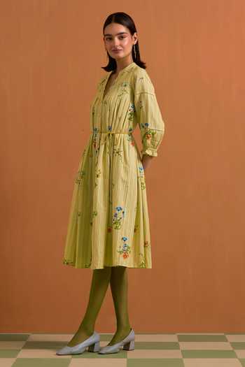POZRUH_Yellow Tencel, Hemp Mandarin Collar Verdant Embroidered Striped Dress _Online_at_Aza_Fashions
