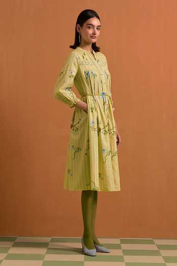 Buy_POZRUH_Yellow Tencel, Hemp Mandarin Collar Verdant Embroidered Striped Dress _Online_at_Aza_Fashions