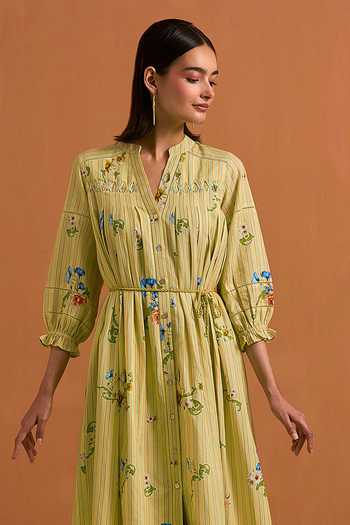 Shop_POZRUH_Yellow Tencel, Hemp Mandarin Collar Verdant Embroidered Striped Dress _Online_at_Aza_Fashions