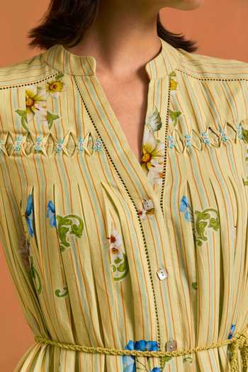 POZRUH_Yellow Tencel, Hemp Mandarin Collar Verdant Embroidered Striped Dress _at_Aza_Fashions