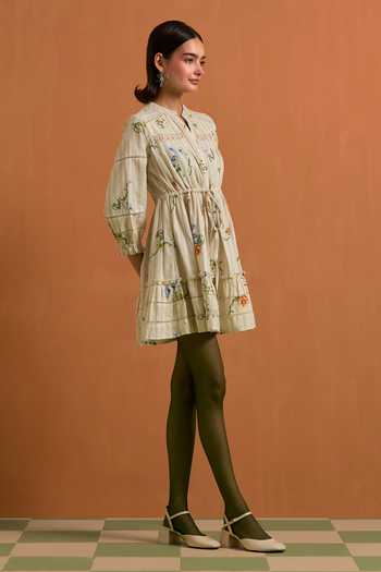 POZRUH_Ivory Tencel, Hemp Mandarin Collar Verdant Mini Striped Dress _Online_at_Aza_Fashions