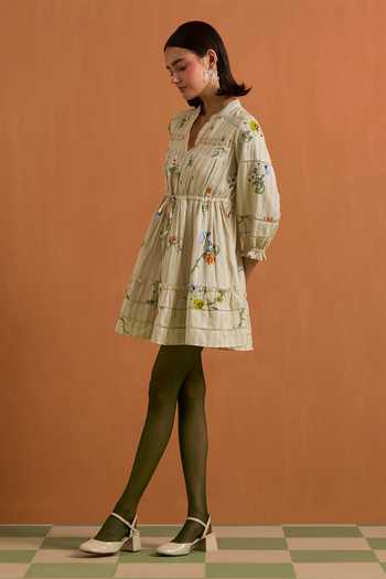 Buy_POZRUH_Ivory Tencel, Hemp Mandarin Collar Verdant Mini Striped Dress _Online_at_Aza_Fashions