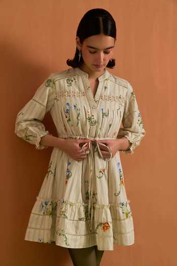 Shop_POZRUH_Ivory Tencel, Hemp Mandarin Collar Verdant Mini Striped Dress _Online_at_Aza_Fashions