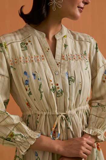 POZRUH_Ivory Tencel, Hemp Mandarin Collar Verdant Mini Striped Dress _at_Aza_Fashions