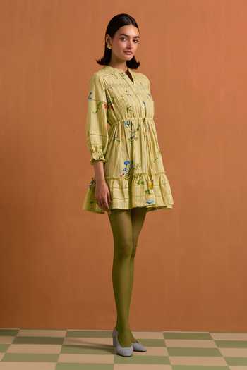 POZRUH_Yellow Tencel, Hemp Mandarin Collar Verdant Mini Striped Pleated Dress _Online_at_Aza_Fashions