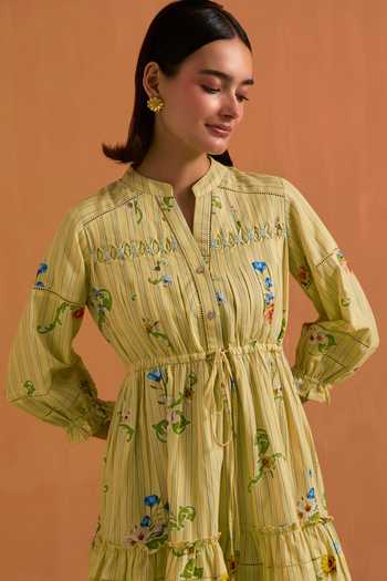 Buy_POZRUH_Yellow Tencel, Hemp Mandarin Collar Verdant Mini Striped Pleated Dress _Online_at_Aza_Fashions