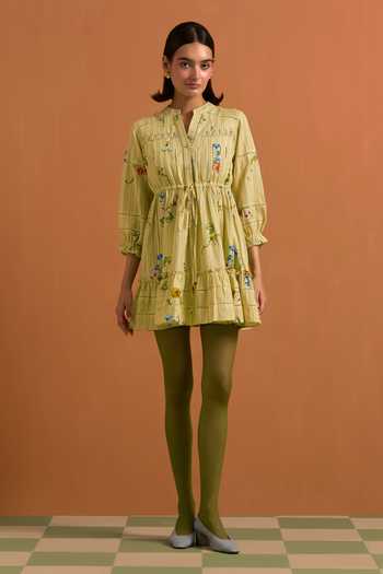 Shop_POZRUH_Yellow Tencel, Hemp Mandarin Collar Verdant Mini Striped Pleated Dress _Online_at_Aza_Fashions