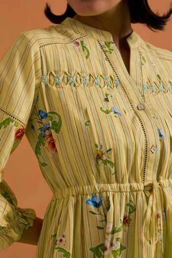 POZRUH_Yellow Tencel, Hemp Mandarin Collar Verdant Mini Striped Pleated Dress _at_Aza_Fashions