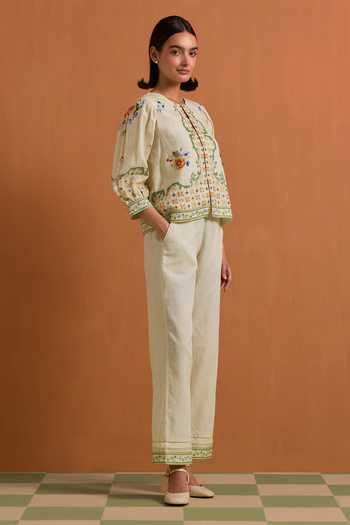 POZRUH_Ivory Hemp Round Neck Verdant Printed Top And Trouser Set _Online_at_Aza_Fashions