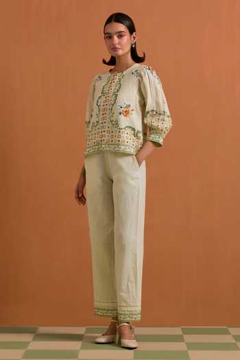 Buy_POZRUH_Ivory Hemp Round Neck Verdant Printed Top And Trouser Set _Online_at_Aza_Fashions