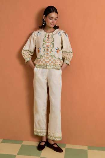 Shop_POZRUH_Ivory Hemp Round Neck Verdant Printed Top And Trouser Set _Online_at_Aza_Fashions