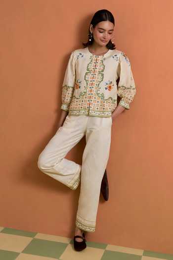 POZRUH_Ivory Hemp Round Neck Verdant Printed Top And Trouser Set _at_Aza_Fashions