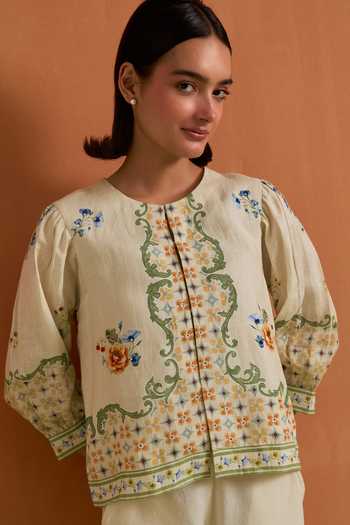 Buy_POZRUH_Ivory Hemp Round Neck Verdant Printed Top And Trouser Set 