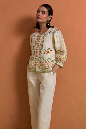 Shop_POZRUH_Ivory Hemp Round Neck Verdant Printed Top And Trouser Set 