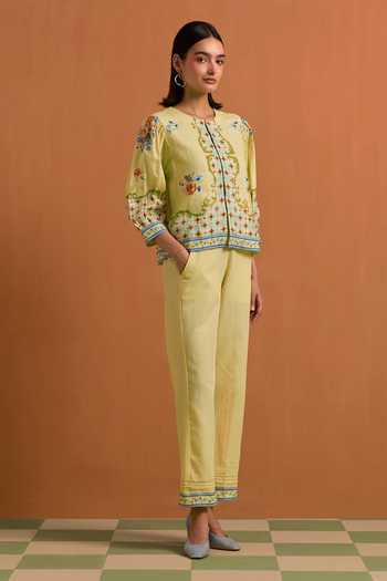 POZRUH_Yellow Hemp Round Neck Verdant Printed Top And Trouser Co-ord Set _Online_at_Aza_Fashions