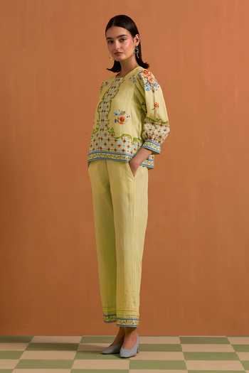 Buy_POZRUH_Yellow Hemp Round Neck Verdant Printed Top And Trouser Co-ord Set _Online_at_Aza_Fashions