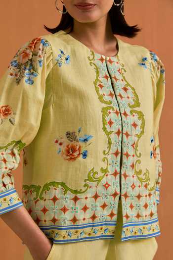 Shop_POZRUH_Yellow Hemp Round Neck Verdant Printed Top And Trouser Co-ord Set _Online_at_Aza_Fashions