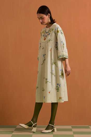 POZRUH_Ivory Tencel, Hemp Round Neck Verdant Embroidered Yoke Dress _Online_at_Aza_Fashions