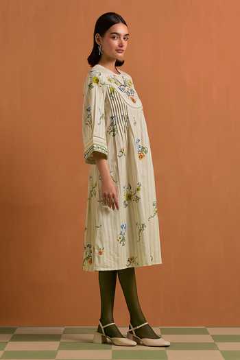 Buy_POZRUH_Ivory Tencel, Hemp Round Neck Verdant Embroidered Yoke Dress _Online_at_Aza_Fashions